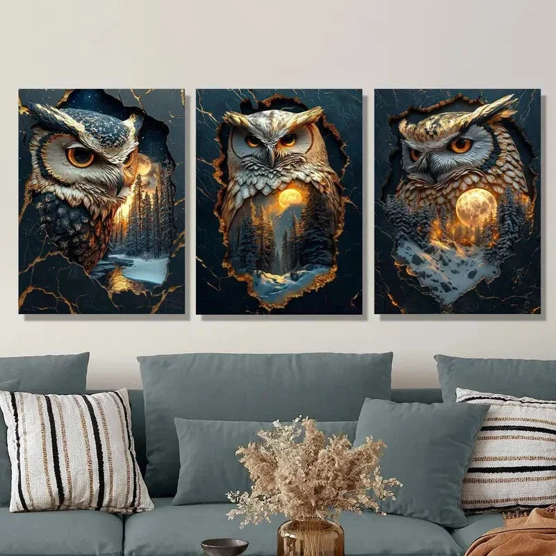 3pcs Mystical Owl Guardian Fantasy Forest Metal Print Ready to Hang Art