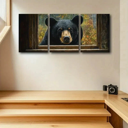 3pcs Window Bear Scene with Autumn Forest Metal Print Ready to Hang Art
