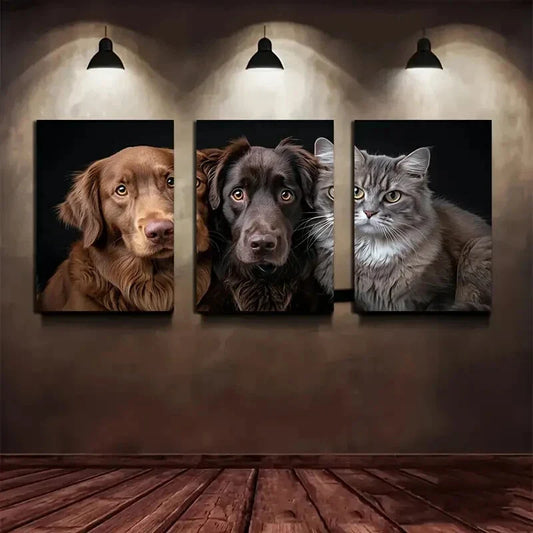 3pcs Two Dogs and One Cat Brown Black Gray Metal Print Ready to Hang Art