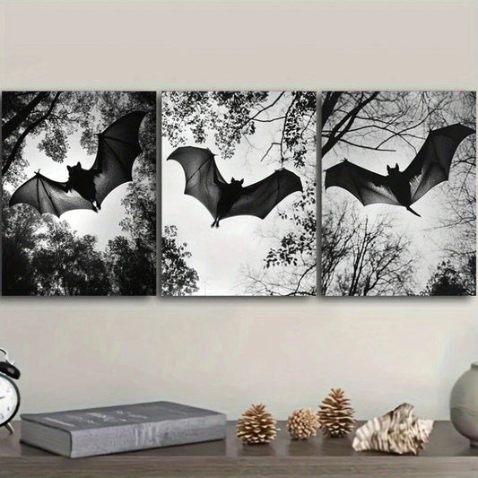 3pcs Black Bats Flying Trees Black & White Themed Metal Print Ready to Hang Art