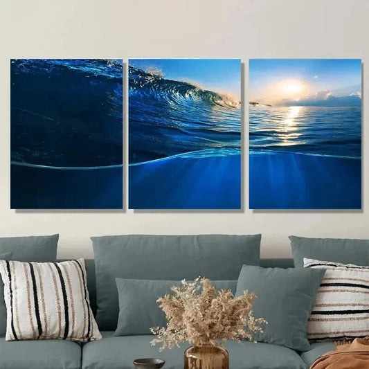 3pcs Vibrant Blue Waves & Sunlight Ocean Wall Art Set Canvas Framed 40x60cm - High Quality Print 100% Australian Made Wall Canvas Ready to Hang