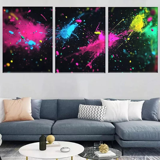 3pcs Vibrant Abstract Neon Paint Splash  Wall Art Set Canvas Framed 40x60cm - High Quality Print 100% Australian Made Wall Canvas Ready to Hang