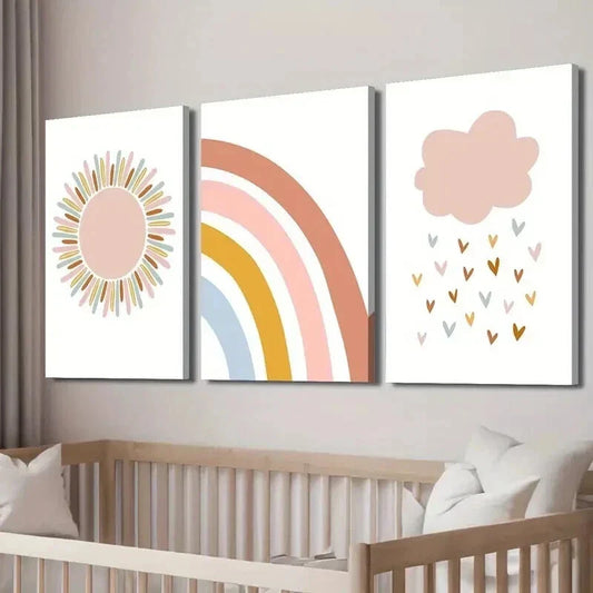 3pcs Cartoon Sun and Rainbow and Love Rain Wall Art Set Canvas Framed 40x60cm - High Quality Print 100% Australian Made Wall Canvas Ready to Hang