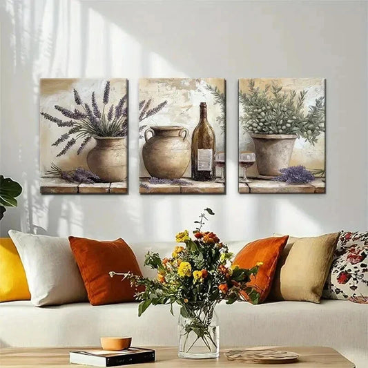 3pcs Lavender Wine Bottles in Earthen Perfect Wall Art Set Canvas Framed 40x60cm - High Quality Print 100% Australian Made Wall Canvas Ready to Hang