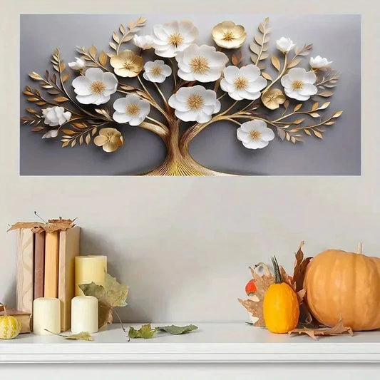 Realistic Golden & White Blooms Wall Art Canvas Office Home Room Framed 120x60cm