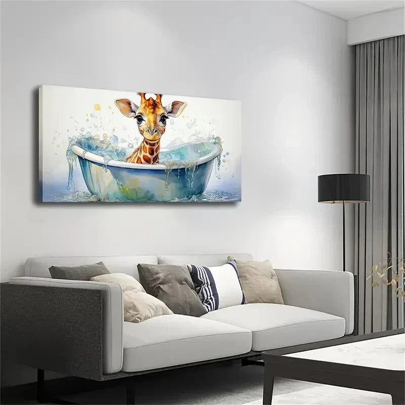 Giraffe in Bathtub Deco Wall Art Canvas Office Home Room Framed 120x60cm