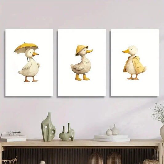 3pcs cute duck holding umbrella wearing hat Metal Print Ready to Hang Art