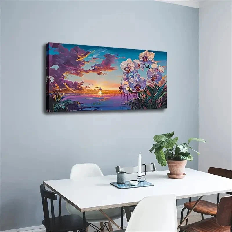Sunset Beach Scene Pink Purple Wall Art Canvas Office Home Room Framed 120x60cm