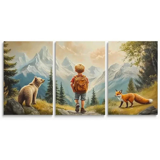 3pcs Boy's Adventure with Bear & Fox Metal Print Ready to Hang Art