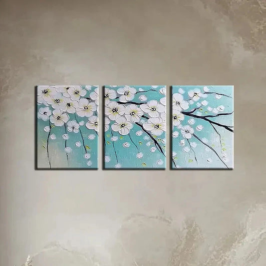 3pcs Fresh Tree Branch with White Flower Metal Print Ready to Hang Art
