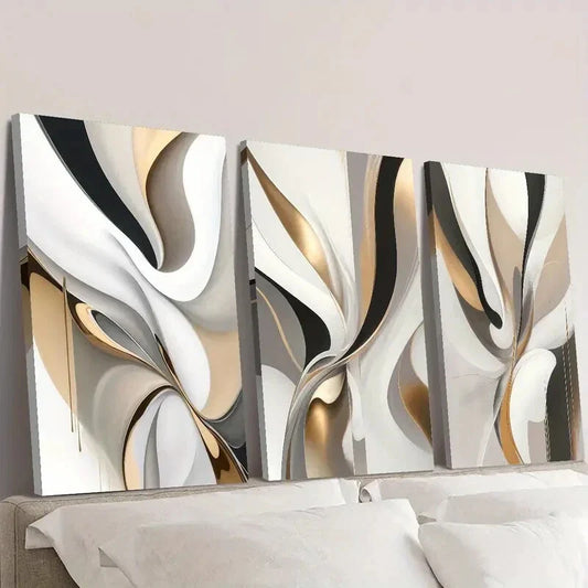 3pcs  Golden & White Swirls, Light Luxury  Wall Art Set Canvas Framed 40x60cm - High Quality Print 100% Australian Made Wall Canvas Ready to Hang