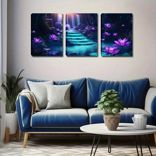 3pcs Lotus Flowers Landscape Wall Art Set Canvas Framed 40x60cm - High Quality Print 100% Australian Made Wall Canvas Ready to Hang