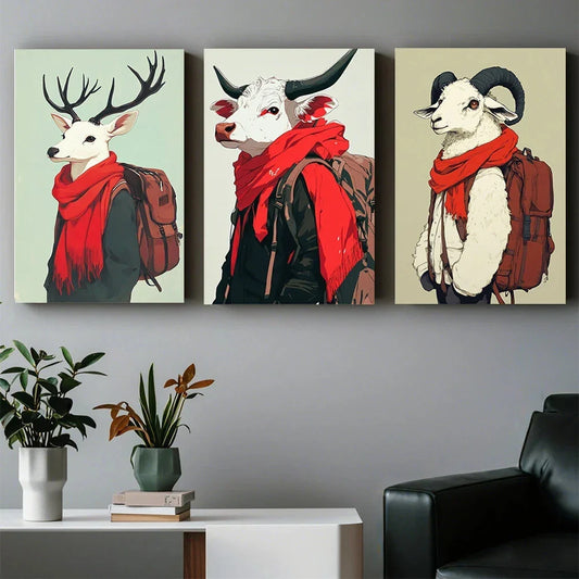 3pcs Abstract Painting Animal Boy Scarf Design Metal Print Ready to Hang Art