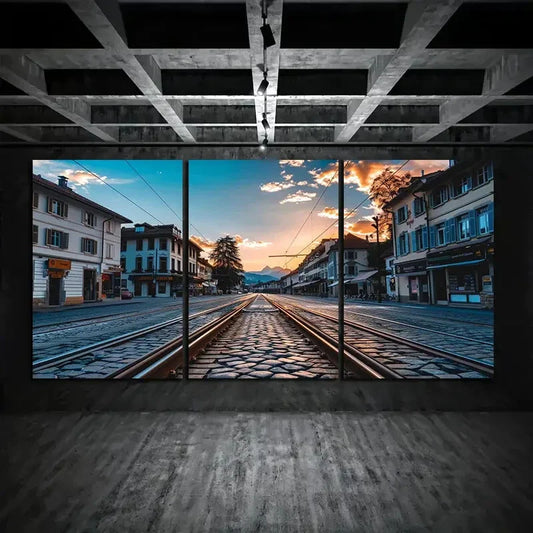 3pcs Symmetrical Cityscape Train Tracks Metal Print Ready to Hang Art
