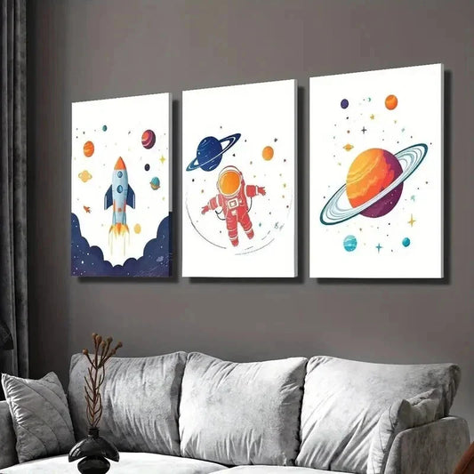 3pcs Astronaut With Rocket Floating in Space Wall Art Set Canvas Framed 40x60cm - High Quality Print 100% Australian Made Wall Canvas Ready to Hang