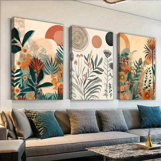 3pcs Bohemian Sun Leaves and Flowers Wall Art Set Canvas Framed 40x60cm - High Quality Print 100% Australian Made Wall Canvas Ready to Hang