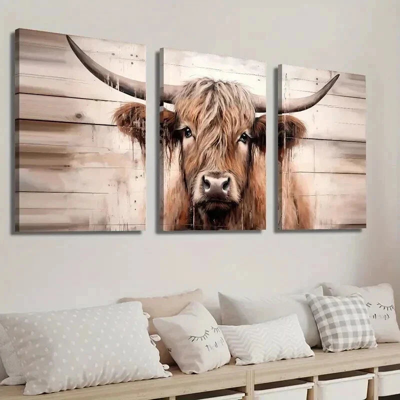 3pcs Highland Cow Modern Farmhouse Decor Wall Art Set Canvas Framed 40x60cm - High Quality Print 100% Australian Made Wall Canvas Ready to Hang