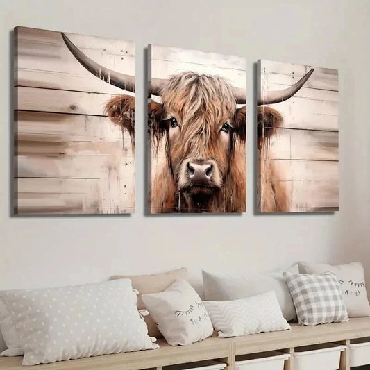 3pcs Highland Cow Modern Farmhouse Decor Wall Art Set Canvas Framed 40x60cm - High Quality Print 100% Australian Made Wall Canvas Ready to Hang