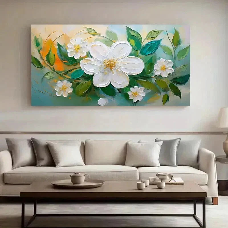 Green Leaves White Flowers wall canvas office home room framed 120x60cm