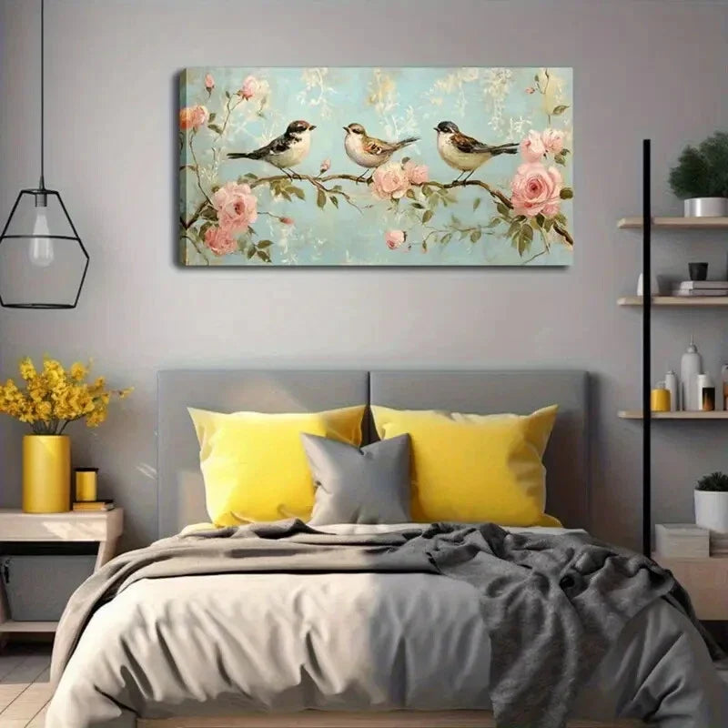 Birds on Pink Flower Branches Wall Art Canvas Office Home Room Framed 120x60cm