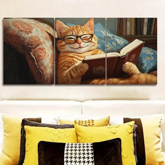 3pcs  A cat reading on the couch  Wall Art Set Canvas Framed 40x60cm - High Quality Print 100% Australian Made Wall Canvas Ready to Hang