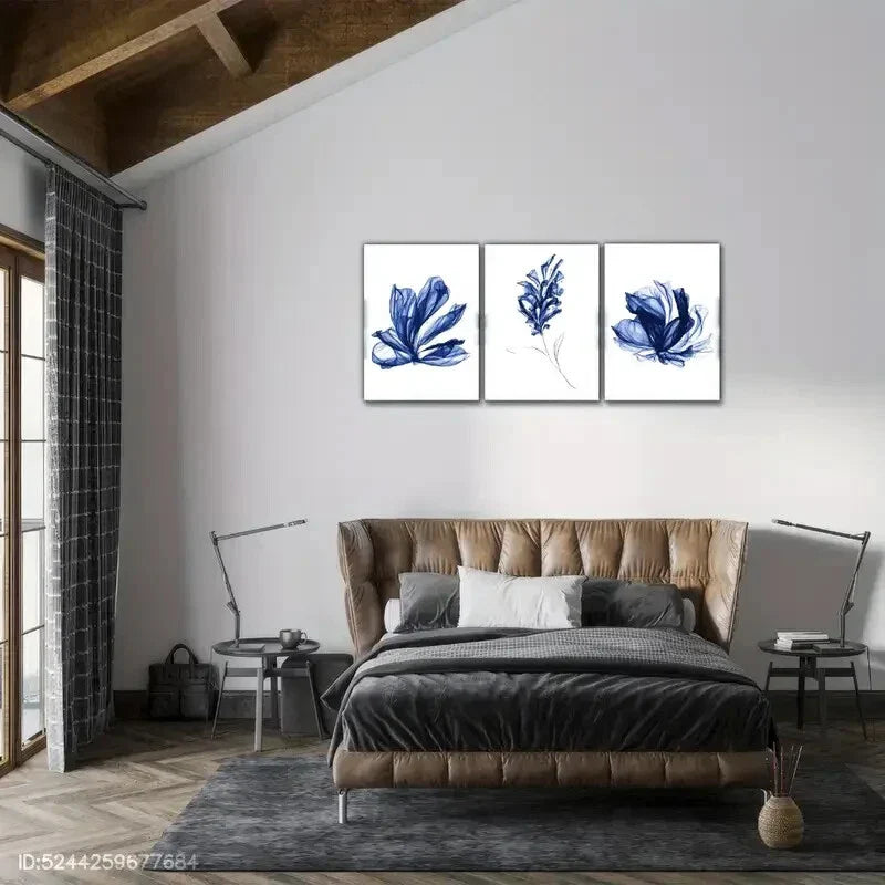 3pcs Vibrant Blue Watercolor Leaf Designs Metal Print Ready to Hang Art