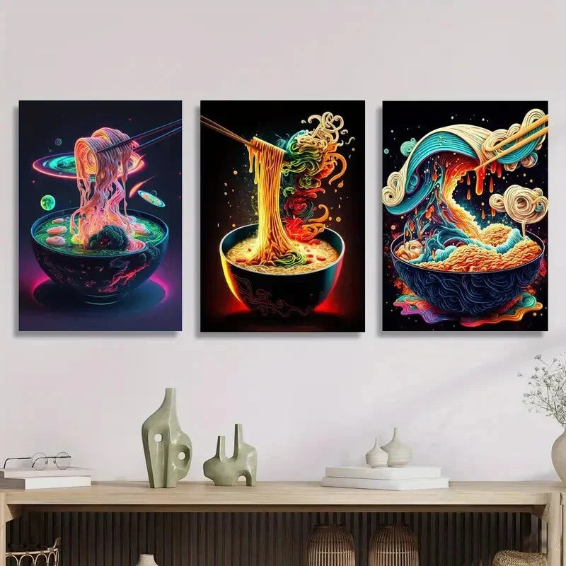 3pcs Vibrant Colorful Ramen & Sushi Posters   Metal Print Ready to Hang Art