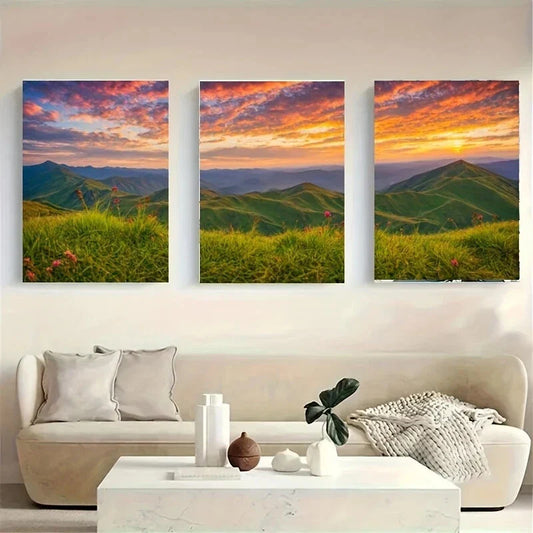 3pcs A Vibrant Sunset Over a Mountainous Metal Print Ready to Hang Art