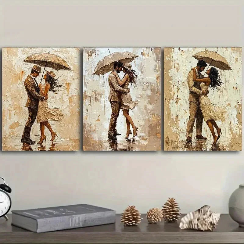 3pcs A couple is strolling in the rain Metal Print Ready to Hang Art