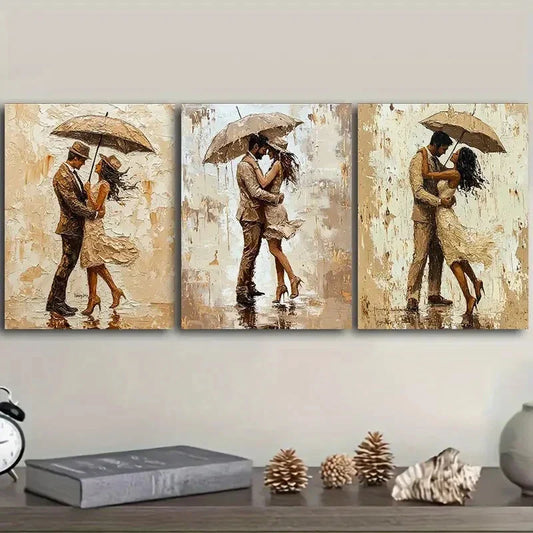 3pcs A couple is strolling in the rain Metal Print Ready to Hang Art