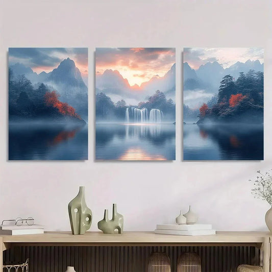 3pcs Mountain River Tree Scene Metal Print Ready to Hang Art