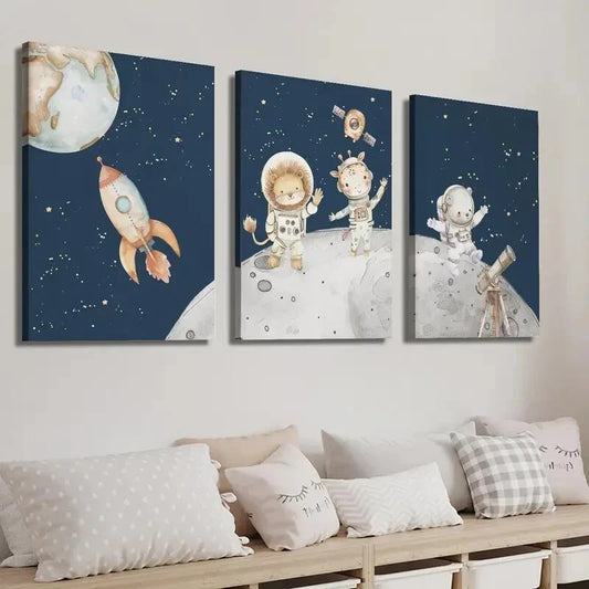 3pcs Lion Giraffe & Bear Cub on Moon Wall Art Set Canvas Framed 40x60cm - High Quality Print 100% Australian Made Wall Canvas Ready to Hang