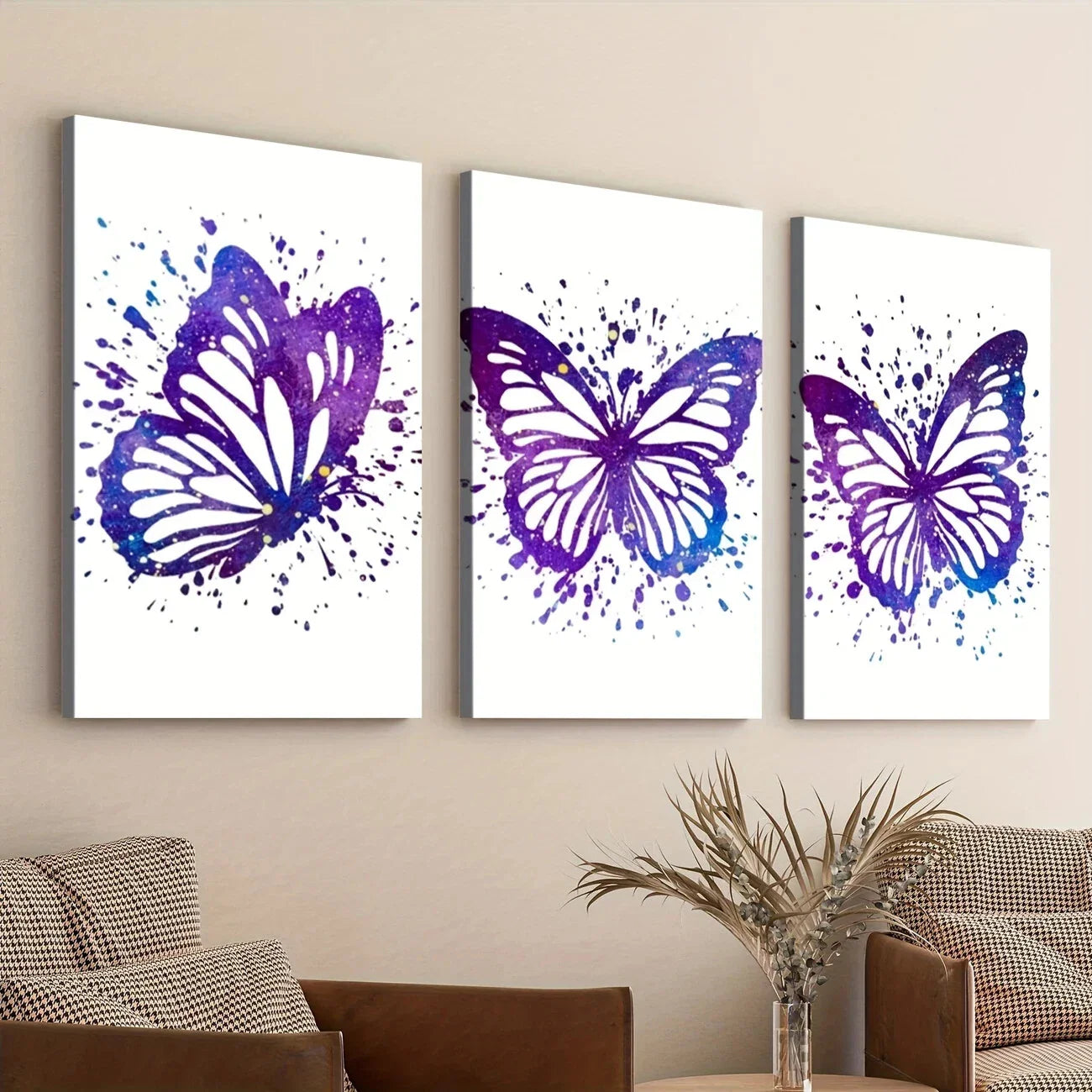 3pcs Purple Butterfly Elegant White Blue Dots Wall Art Set Canvas Framed 40x60cm - High Quality Print 100% Australian Made Wall Canvas Ready to Hang