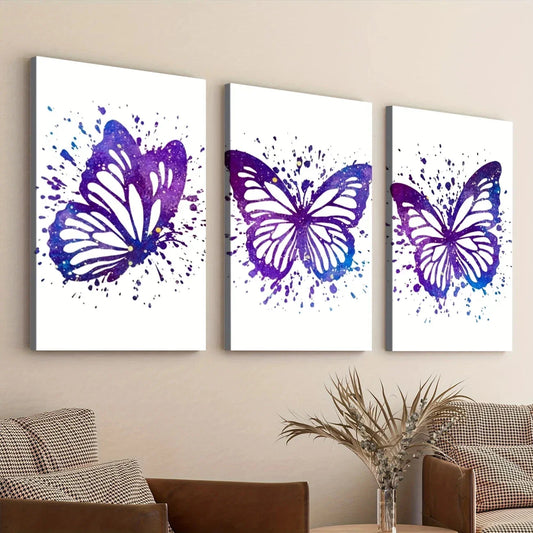 3pcs Purple Butterfly Elegant White Blue Dots Wall Art Set Canvas Framed 40x60cm - High Quality Print 100% Australian Made Wall Canvas Ready to Hang