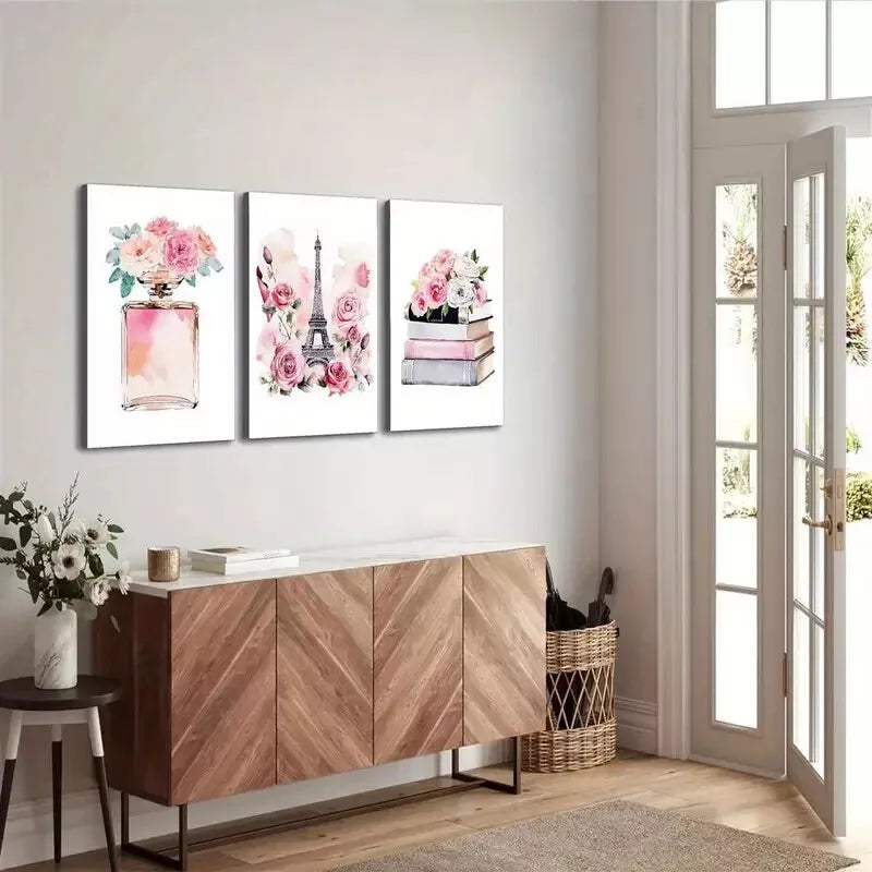 3pcs Pink Perfume & Parisian Fashion Canvas Framed 40x60cm - High Quality Print 100% Australian Made Wall Canvas Ready to Hang