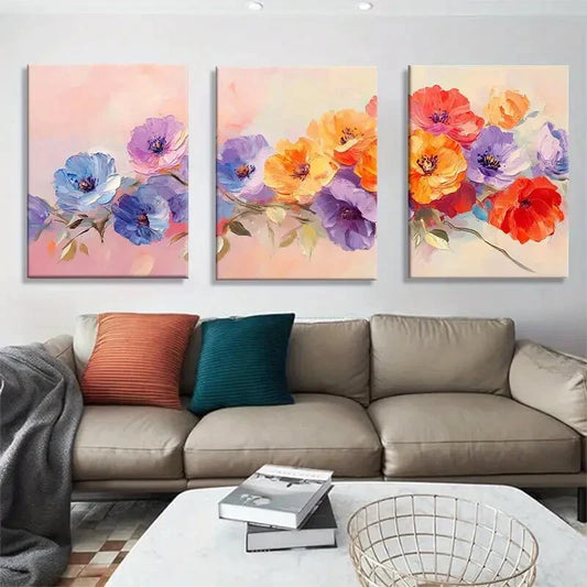 3pcs Vibrant Colorful Flower Oil Painting Style Metal Print Ready to Hang Art