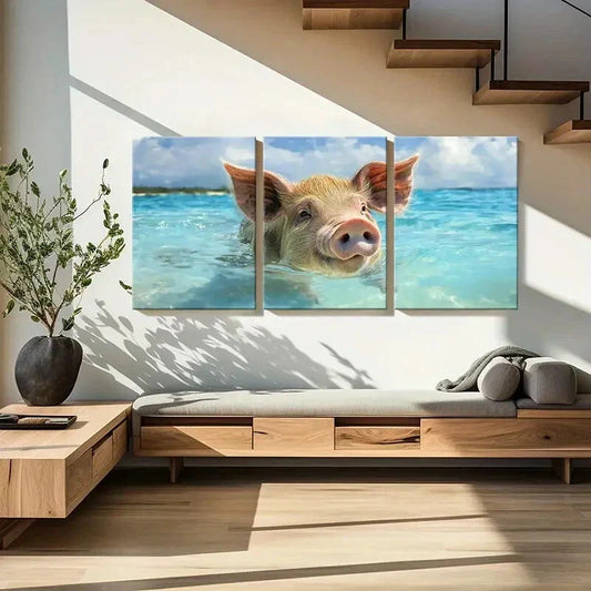 3pcs Playful Pig Swimming in Ocean Metal Print Ready to Hang Art