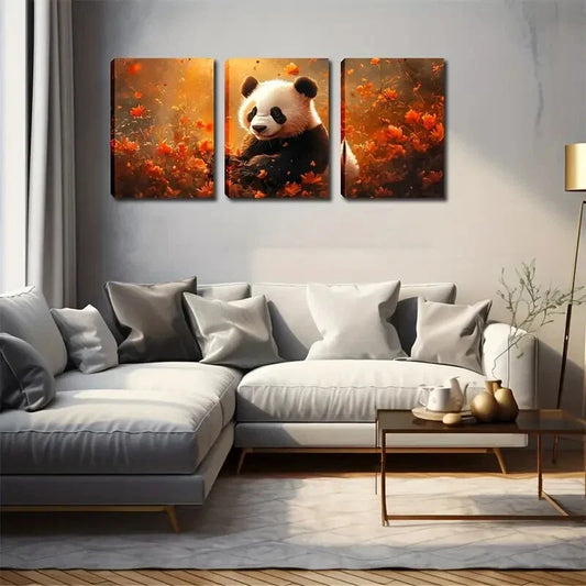 3pcs Vibrant Autumn Landscape, Panda & Floral  Wall Art Set Canvas Framed 40x60cm - High Quality Print 100% Australian Made Wall Canvas Ready to Hang