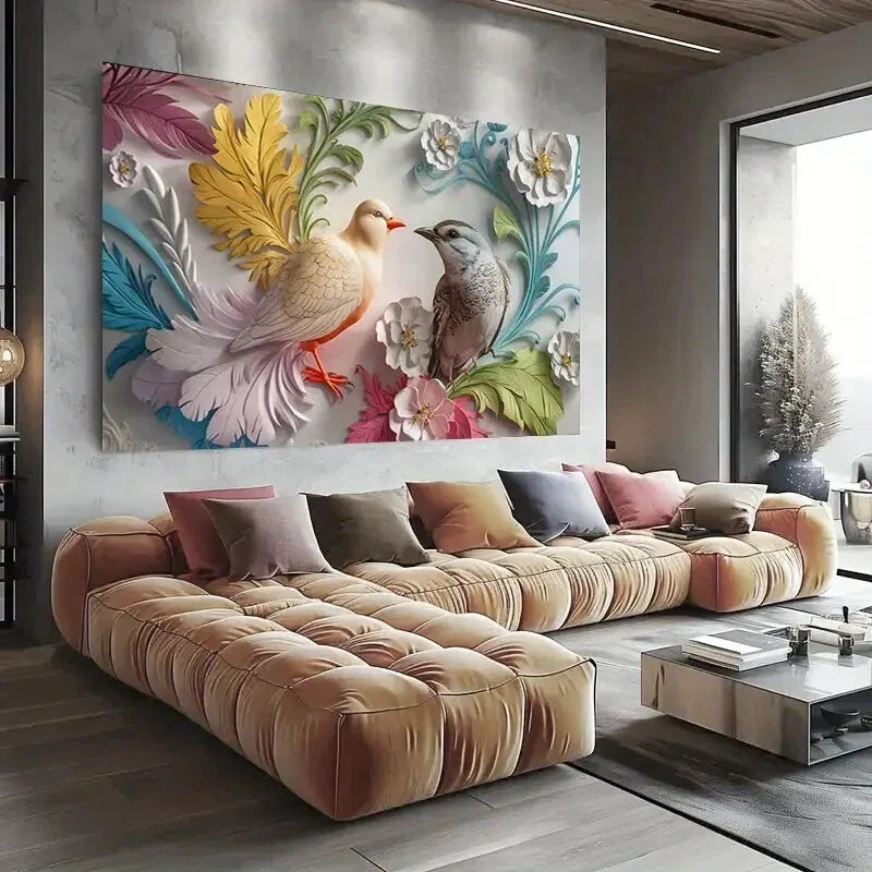 Vibrant Bird & Floral Wall Art wall canvas office home room framed 120x60cm