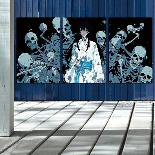 3pcs Japanese Anime Girl and Skeletons Metal Print Ready to Hang Art
