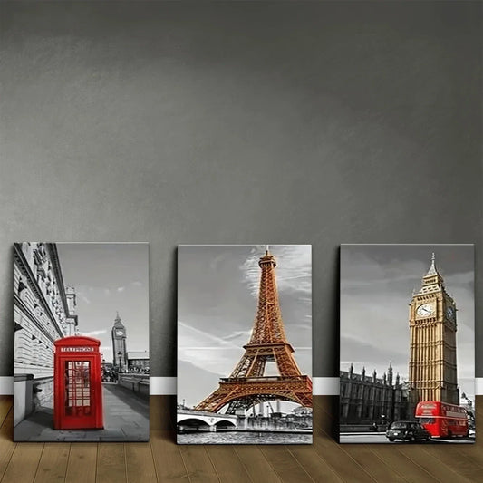 3pcs Iconic Eiffel Tower Big Ben Red Telephone Metal Print Ready to Hang Art