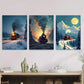 3pcs Vintage Train Triptych Snowy Moonlit Night Wall Art Set Canvas Framed 40x60cm - High Quality Print 100% Australian Made Wall Canvas Ready to Hang