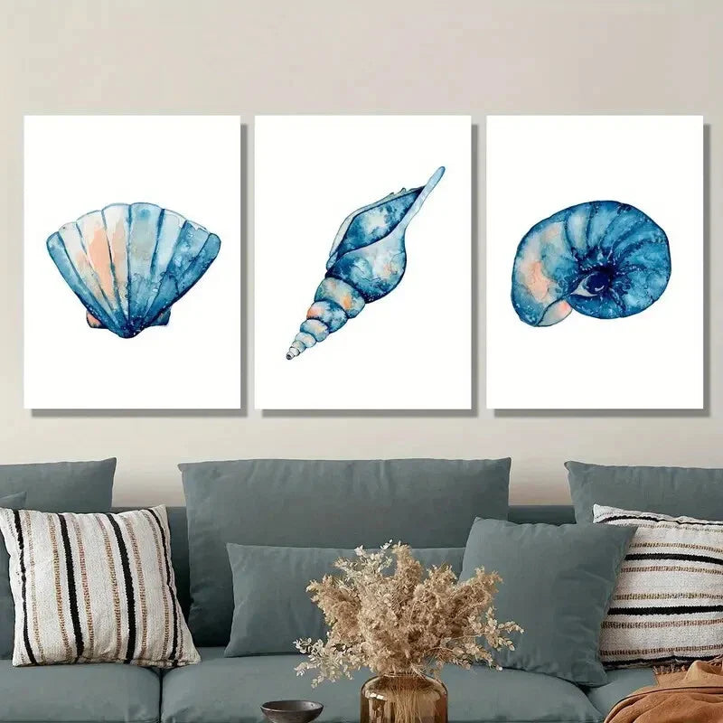 3pcs Seashell, Conch, Snail Shell, Marine Life Metal Print Ready to Hang Art
