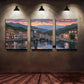 3pcs Pine Tree & European Town Sunset Metal Print Ready to Hang Art