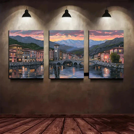 3pcs Pine Tree & European Town Sunset Metal Print Ready to Hang Art