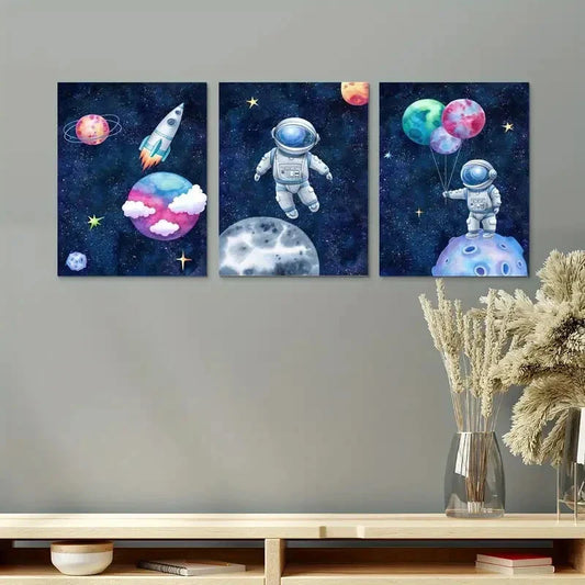 3pcs Space Astronaut with Rocket Design Metal Print Ready to Hang Art