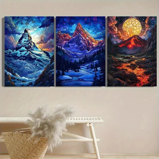 3pcs Vivid Snowy Mountains, Volcanoes And Stained Metal Print Ready to Hang Art