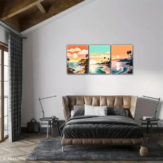 3pcs Coastal Beach Scenes with Sunrise & Sunse tMetal Print Ready to Hang Art