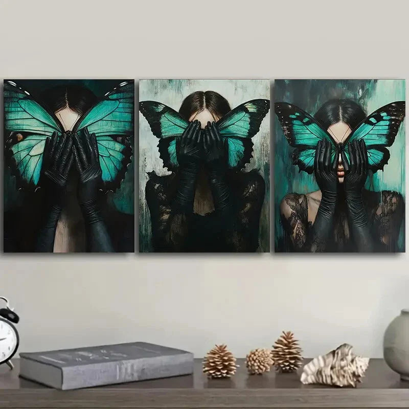 3pcs The Woman with The Green Butterfly On Face Metal Print Ready to Hang Art