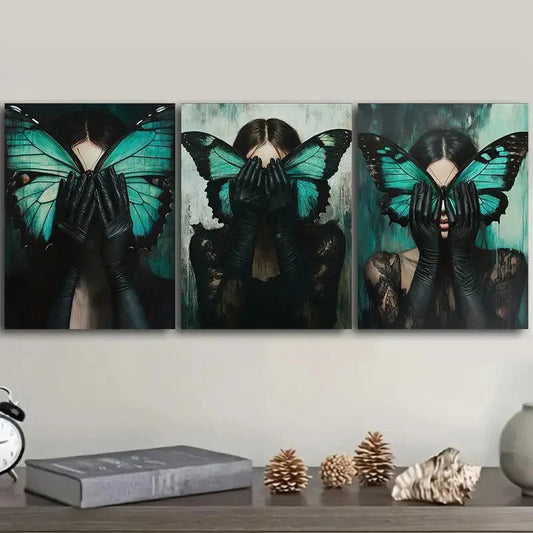 3pcs The Woman with The Green Butterfly On Face Metal Print Ready to Hang Art